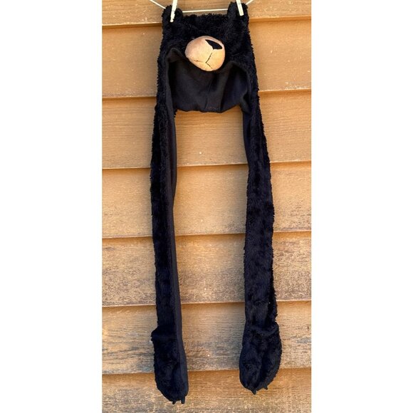 Kids Black Bear Hat With Attached Mittens Plush Fleece Animal Design Warm Winter - Picture 1 of 12